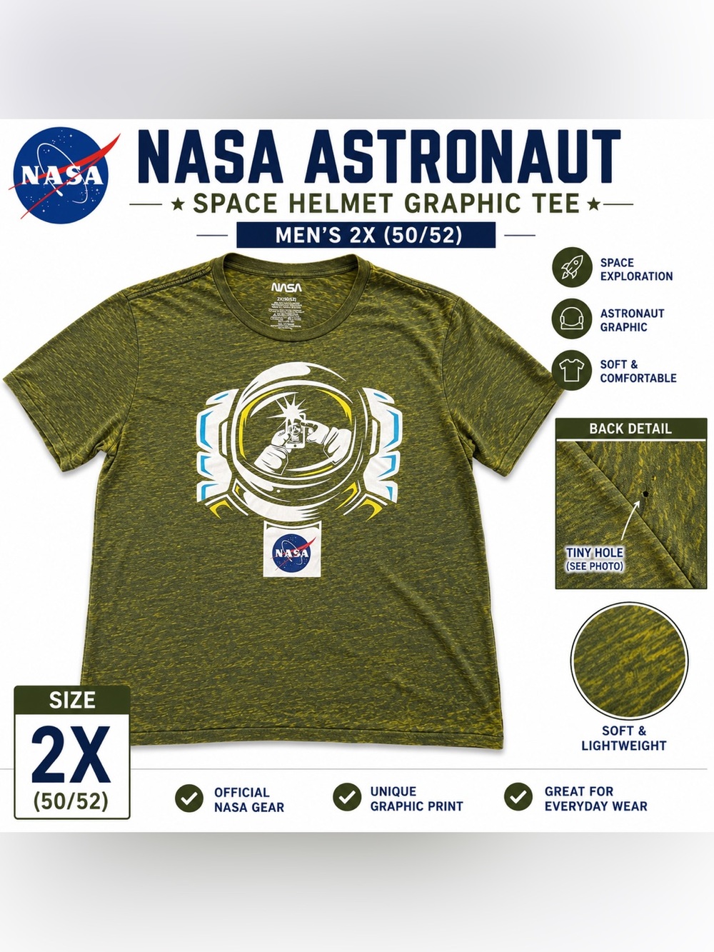 NASA Astronaut Selfie Graphic Tee Green Space Shirt 2XL Distressed